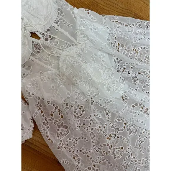 For Love & Lemons Romi Midi‎ Dress in White Small Floral Eyelet Puff Sleeve